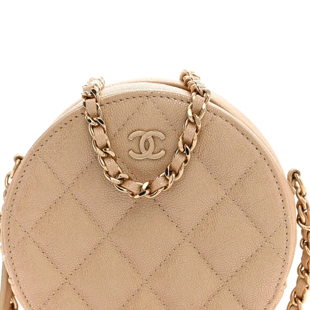 Iridescent Caviar Quilted Round Clutch With Chain Beige