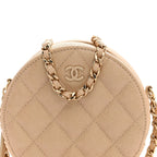 Iridescent Caviar Quilted Round Clutch With Chain Beige