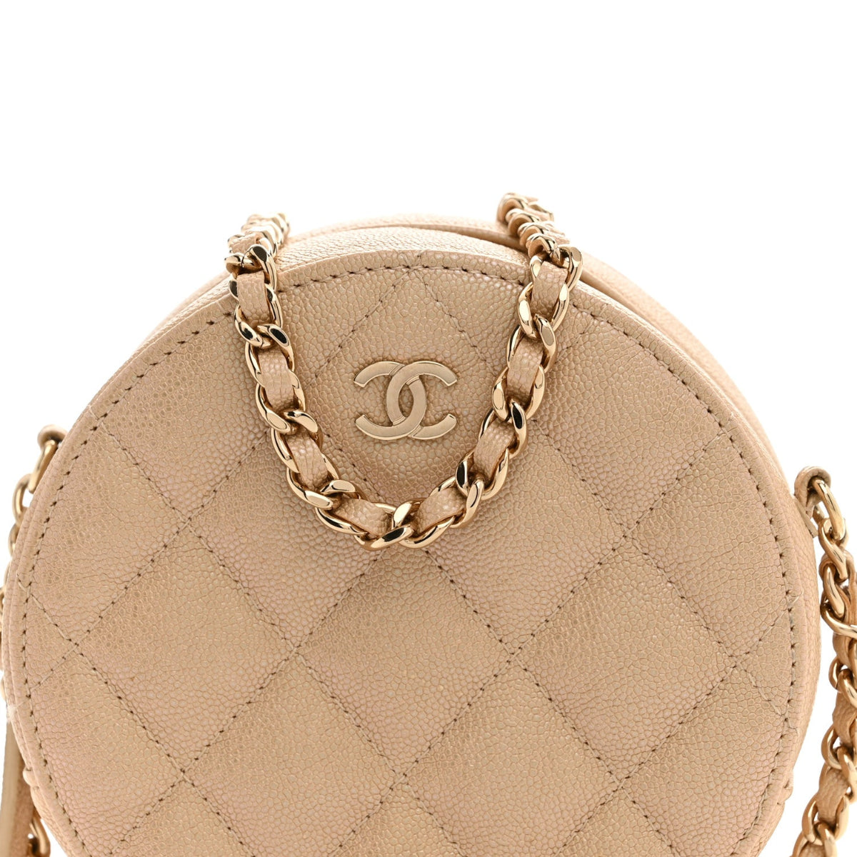 Iridescent Caviar Quilted Round Clutch With Chain Beige