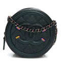 Iridescent Caviar Quilted Round Filigree Crossbody Dark Turquoise