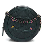 Iridescent Caviar Quilted Round Filigree Crossbody Dark Turquoise