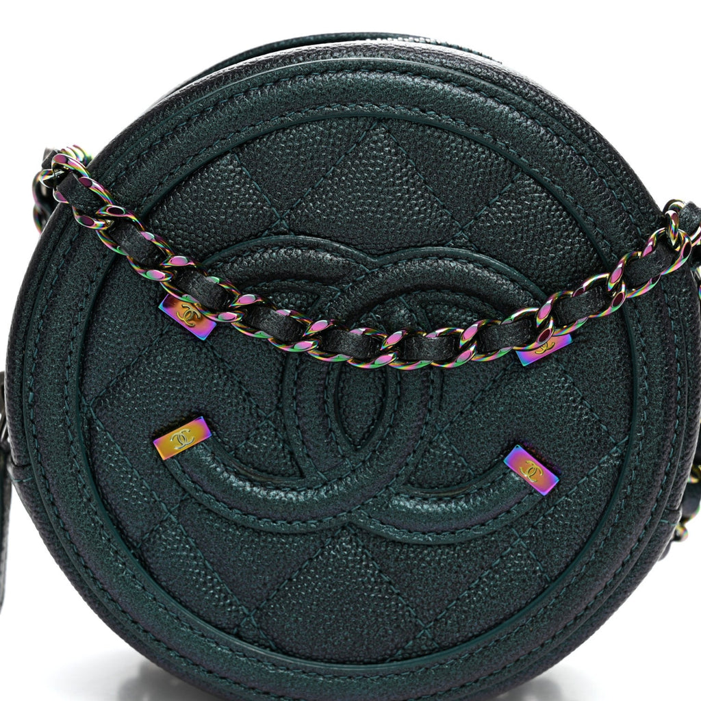 Iridescent Caviar Quilted Round Filigree Crossbody Dark Turquoise