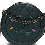 Iridescent Caviar Quilted Round Filigree Crossbody Dark Turquoise