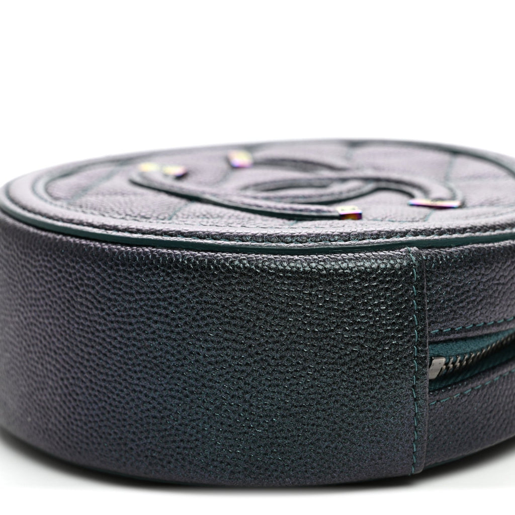 Iridescent Caviar Quilted Round Filigree Crossbody Dark Turquoise
