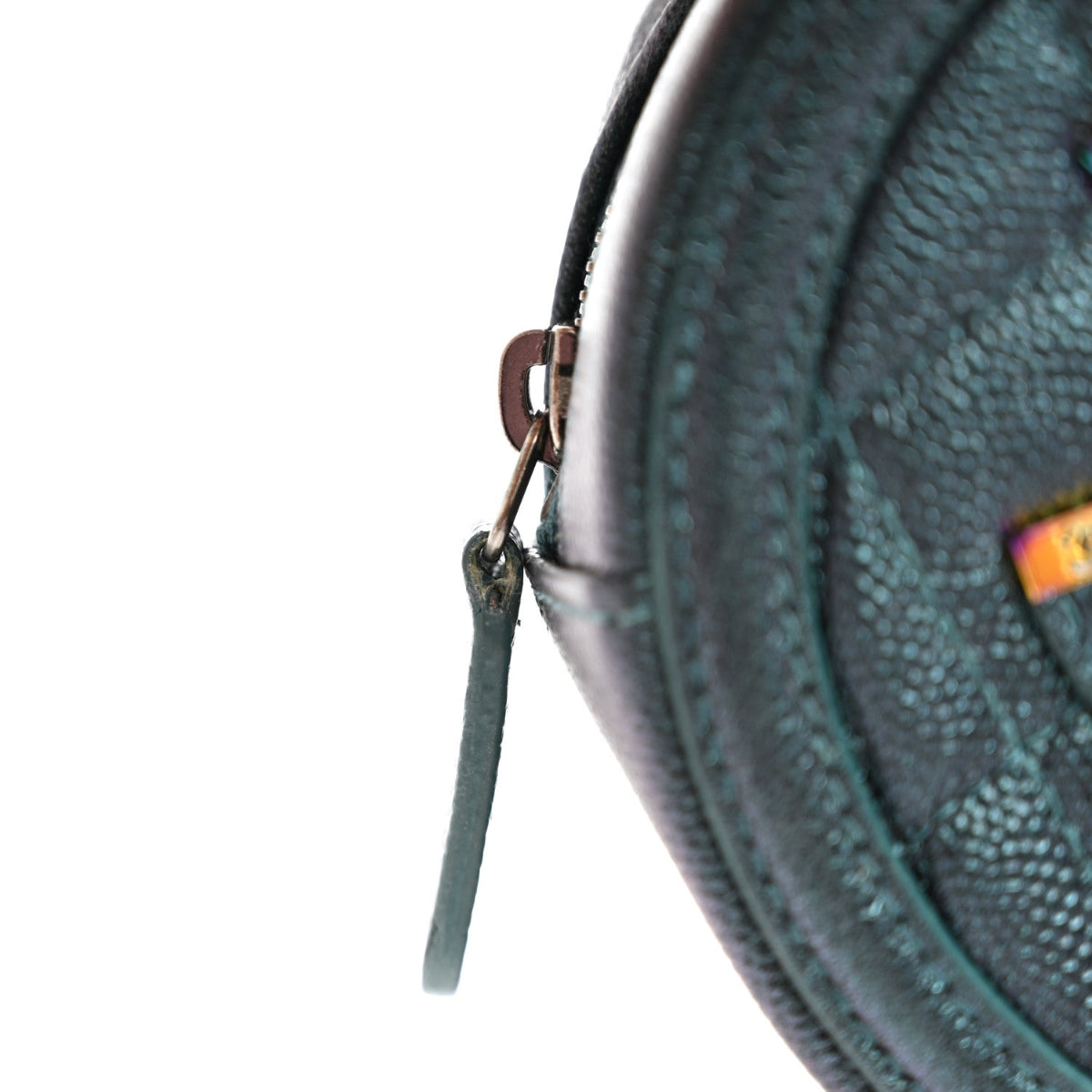Iridescent Caviar Quilted Round Filigree Crossbody Dark Turquoise