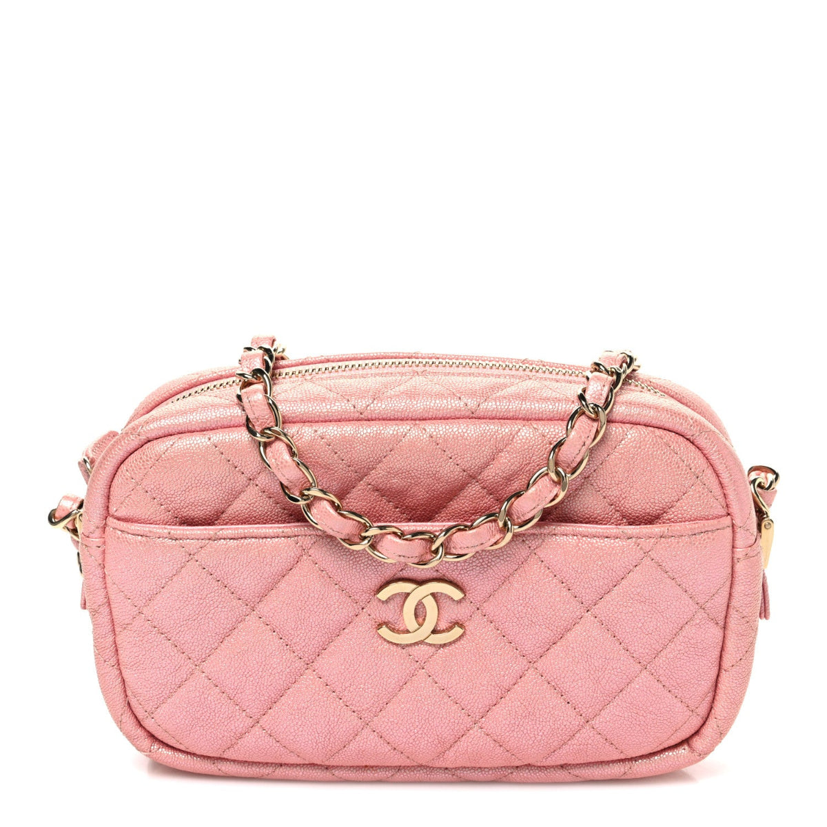 Iridescent Caviar Quilted Small Timeless Camera Case Pink