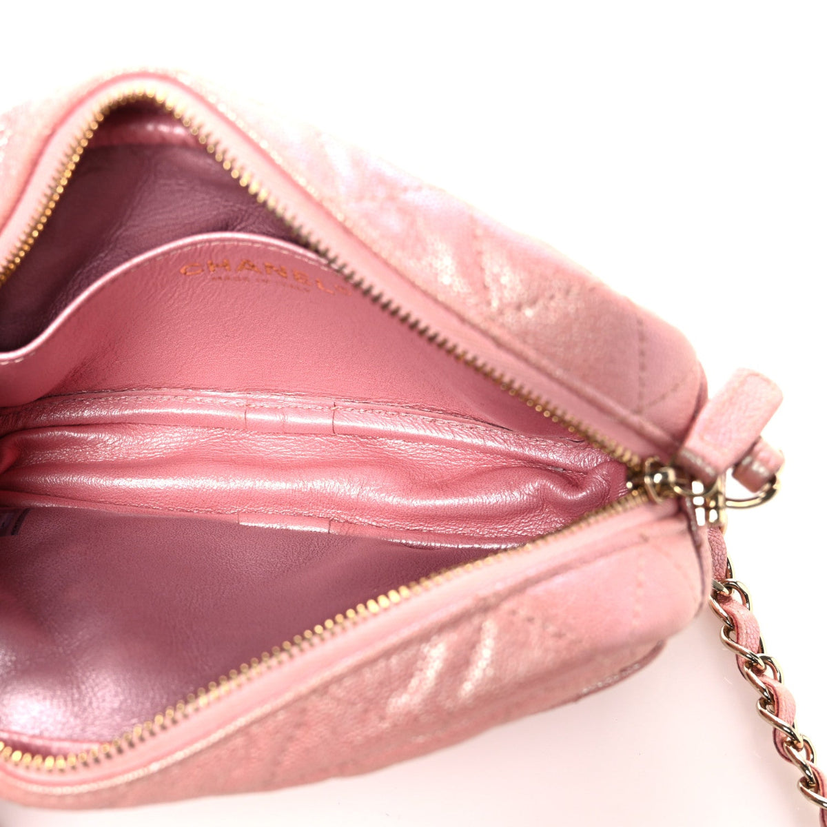 Iridescent Caviar Quilted Small Timeless Camera Case Pink