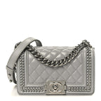 Iridescent Lambskin Quilted Small Chain Around Boy Flap Grey