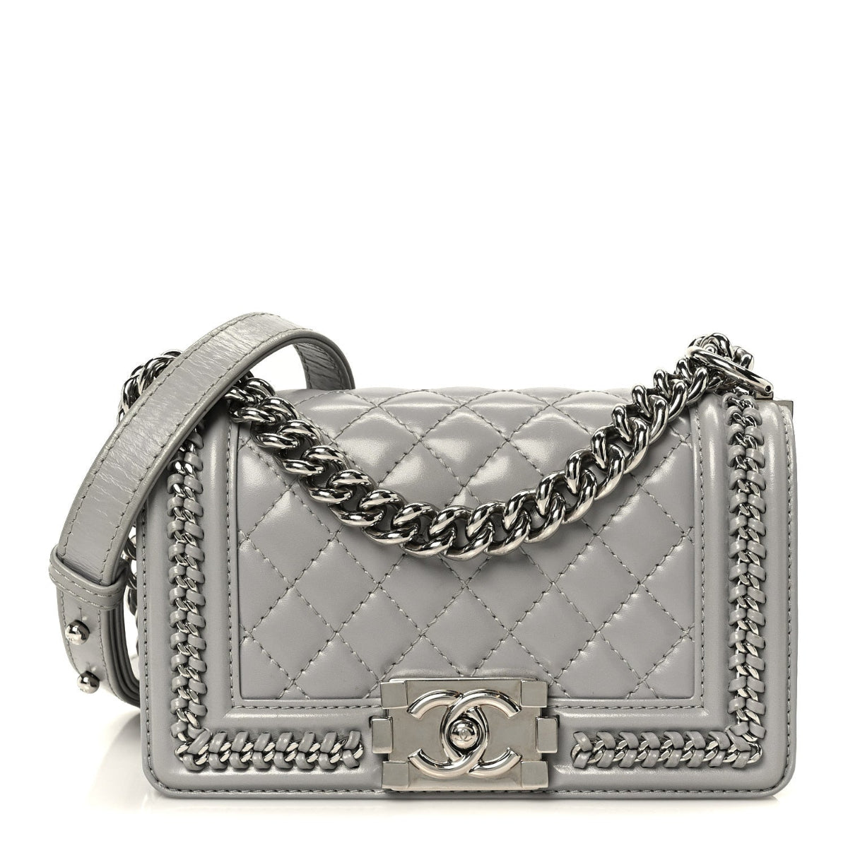 Iridescent Lambskin Quilted Small Chain Around Boy Flap Grey