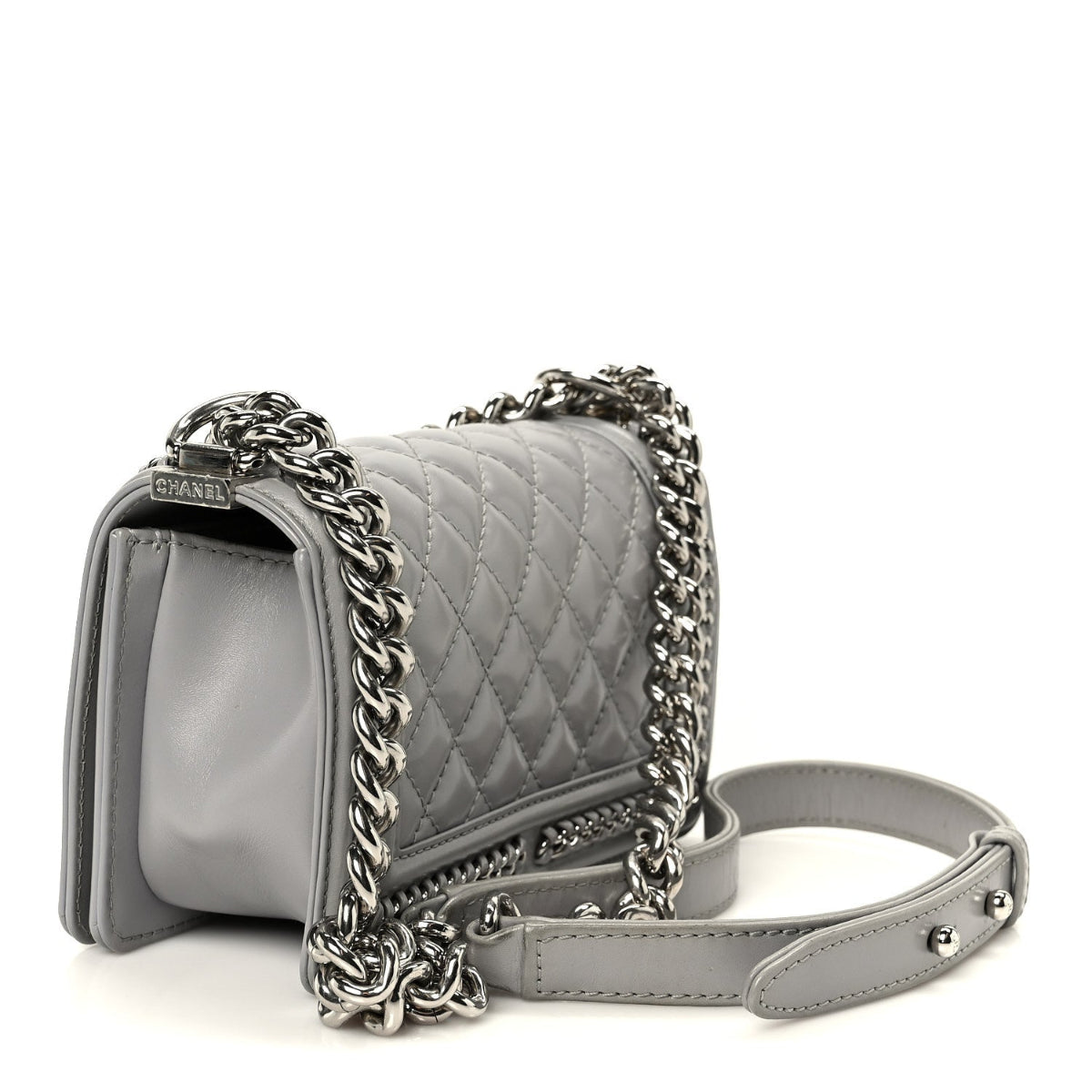 Iridescent Lambskin Quilted Small Chain Around Boy Flap Grey