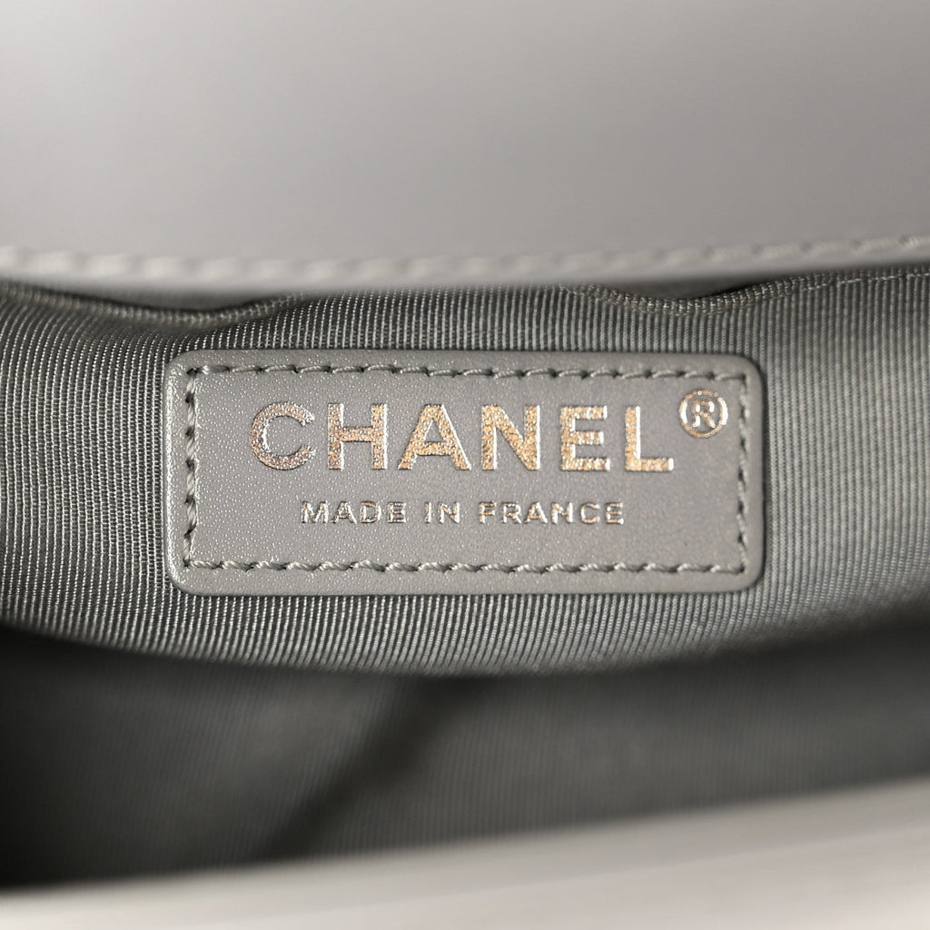 Iridescent Lambskin Quilted Small Chain Around Boy Flap Grey