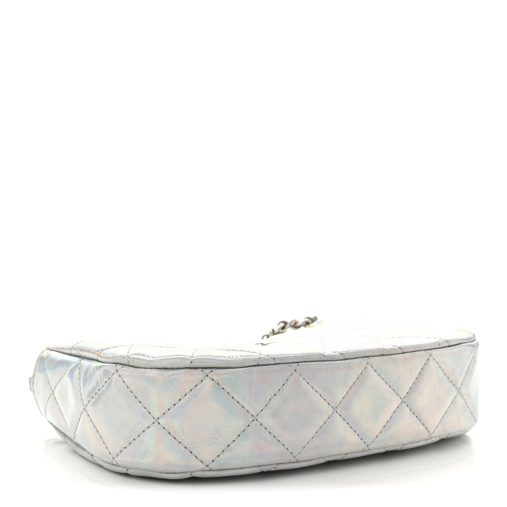 Iridescent Mirror Goatskin Quilted Clutch With Chain Silver