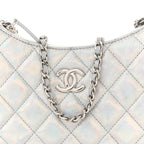 Iridescent Mirror Goatskin Quilted Clutch With Chain Silver