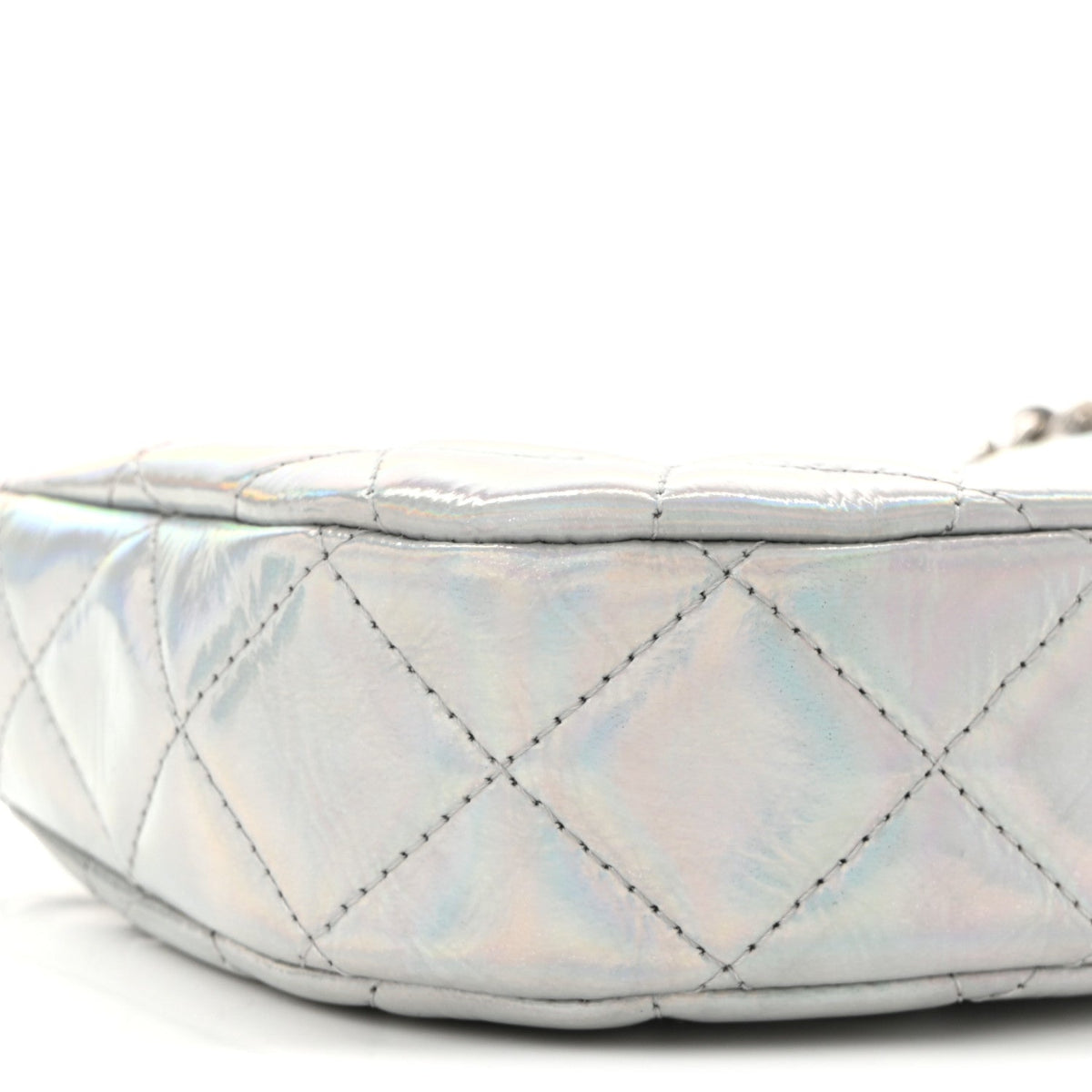 Iridescent Mirror Goatskin Quilted Clutch With Chain Silver