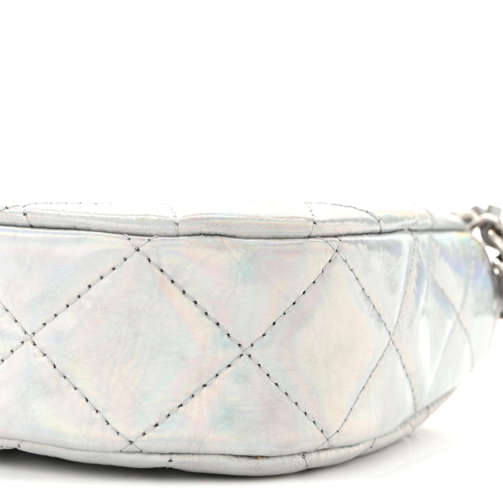 Iridescent Mirror Goatskin Quilted Clutch With Chain Silver