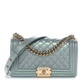 Iridescent Patent Calfskin Quilted Medium Boy Flap Light Blue