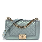 Iridescent Patent Calfskin Quilted Medium Boy Flap Light Blue