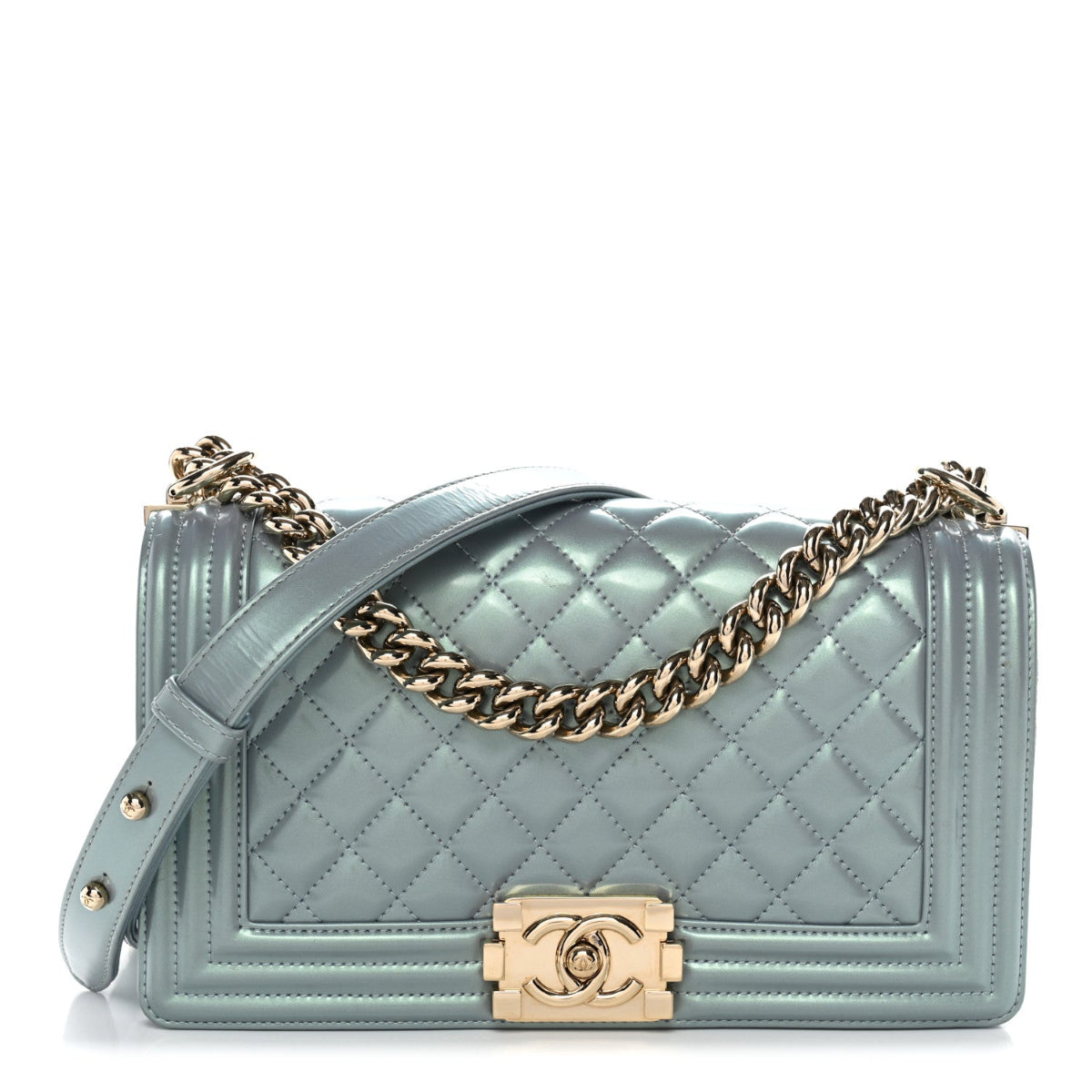 Iridescent Patent Calfskin Quilted Medium Boy Flap Light Blue