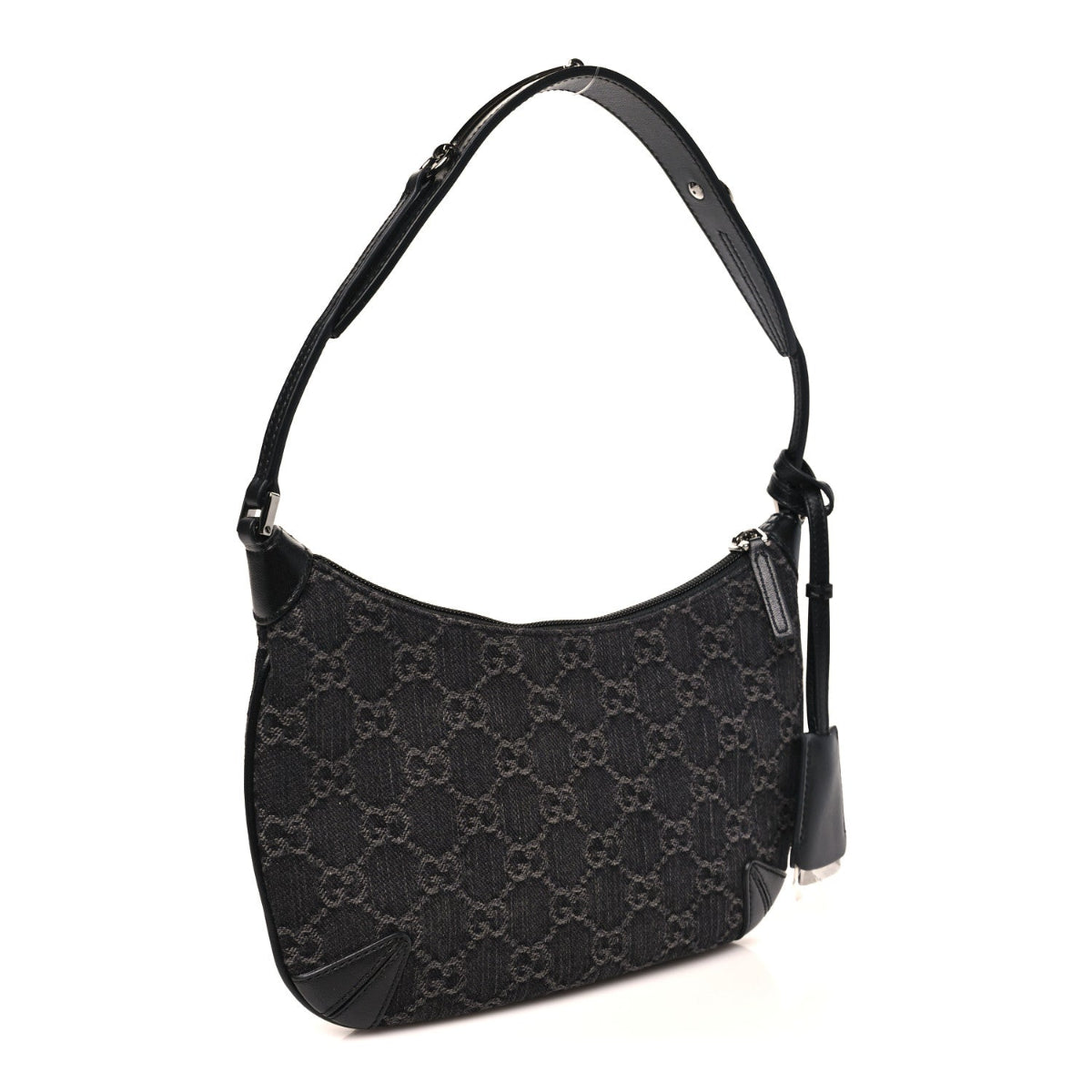 Jacquard Black Denim GG Monogram Horsebit Slim Small Shoulder Bag Black Grey
