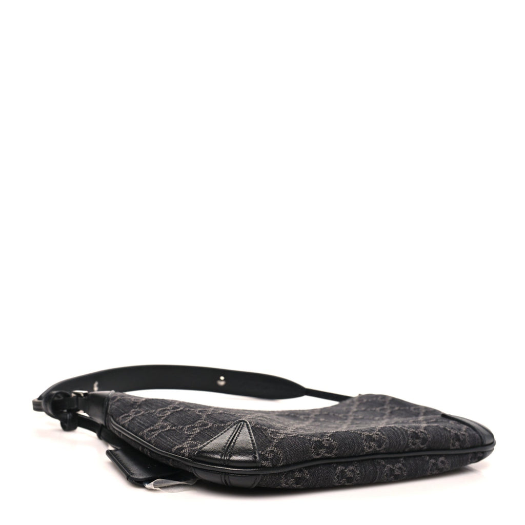 Jacquard Black Denim GG Monogram Horsebit Slim Small Shoulder Bag Black Grey