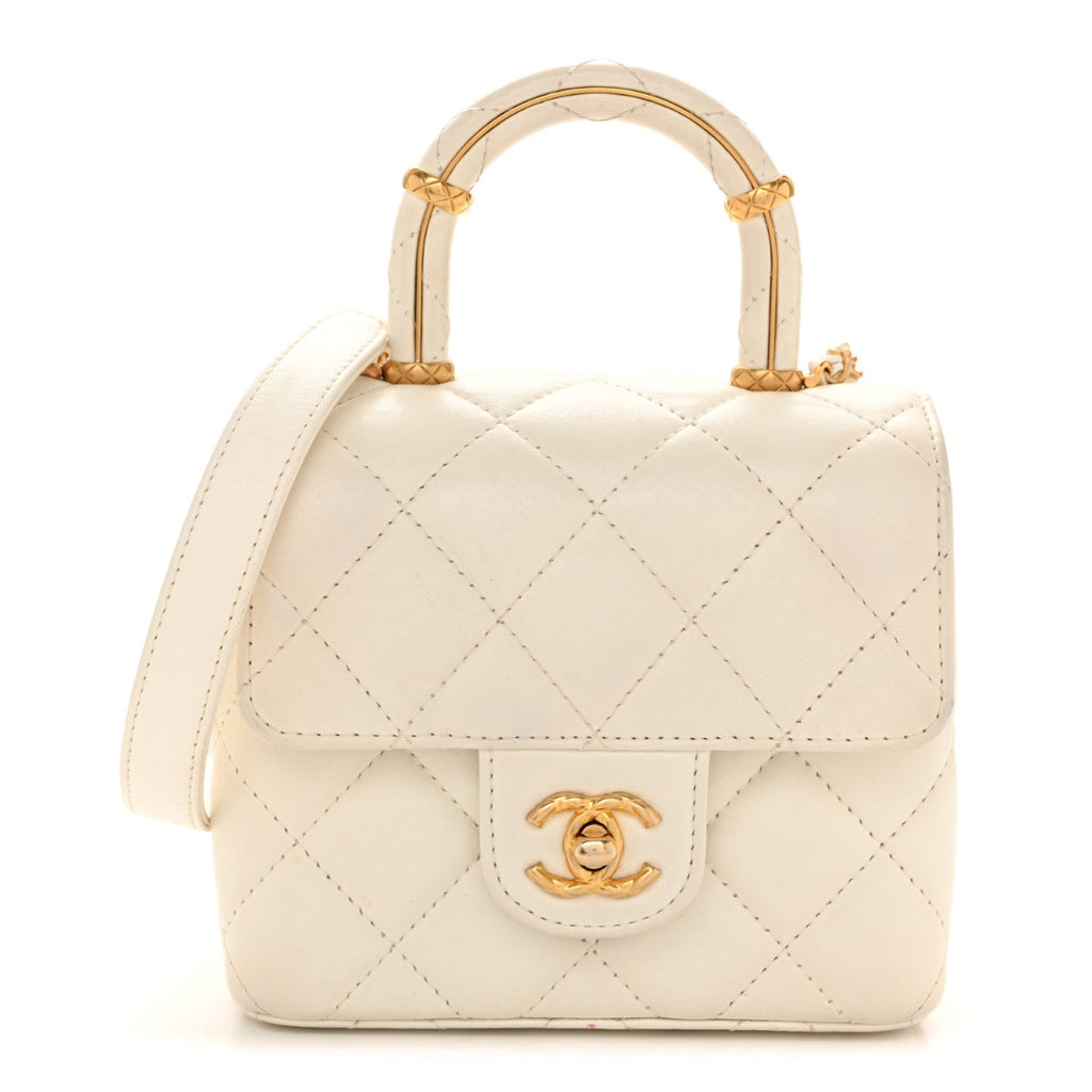 Lambskin Handle Crush Top Handle Flap Bag White