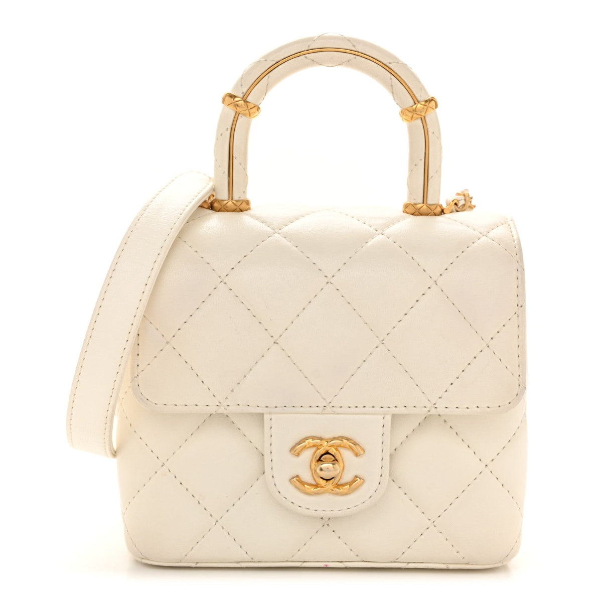 Lambskin Handle Crush Top Handle Flap Bag White