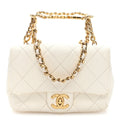 Lambskin Metal Quilted Mini Top Handle Square Flap White