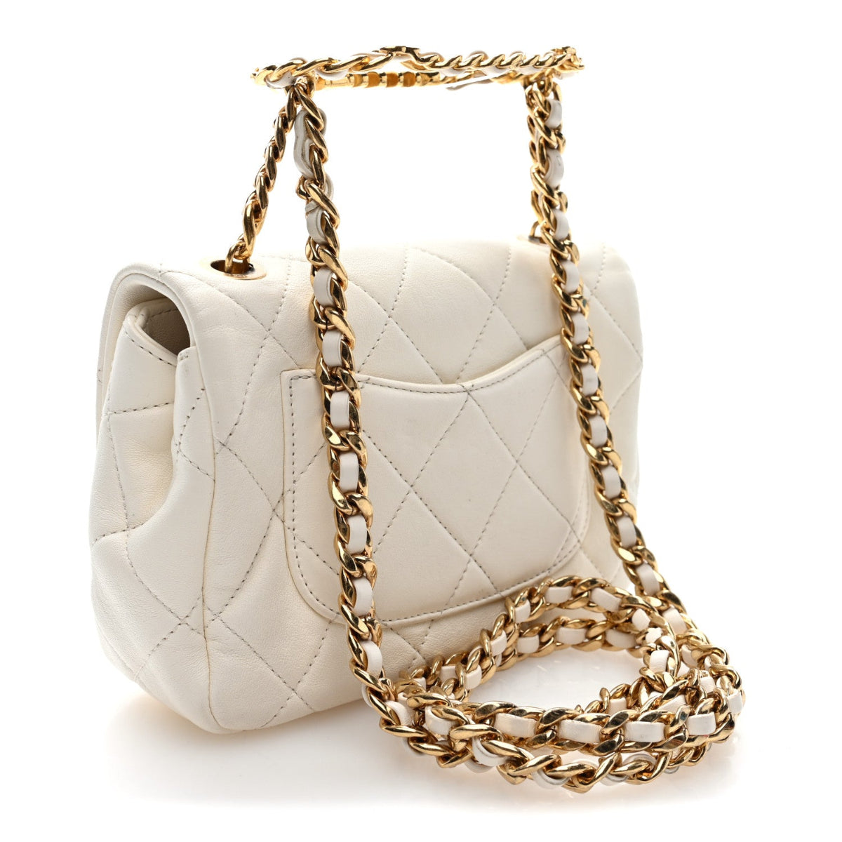 Lambskin Metal Quilted Mini Top Handle Square Flap White