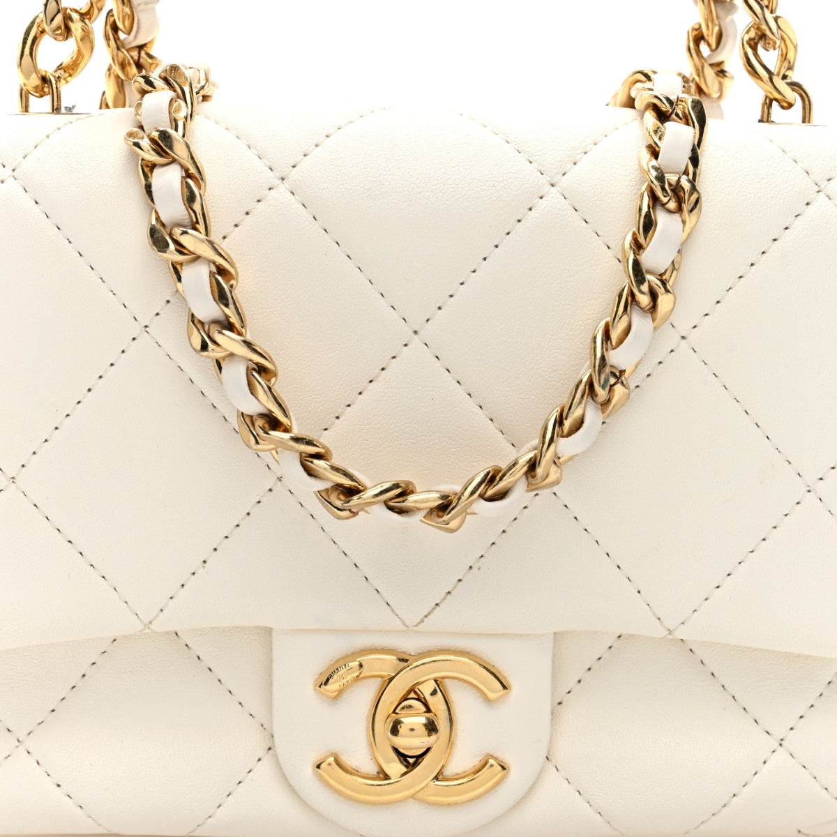 Lambskin Metal Quilted Mini Top Handle Square Flap White