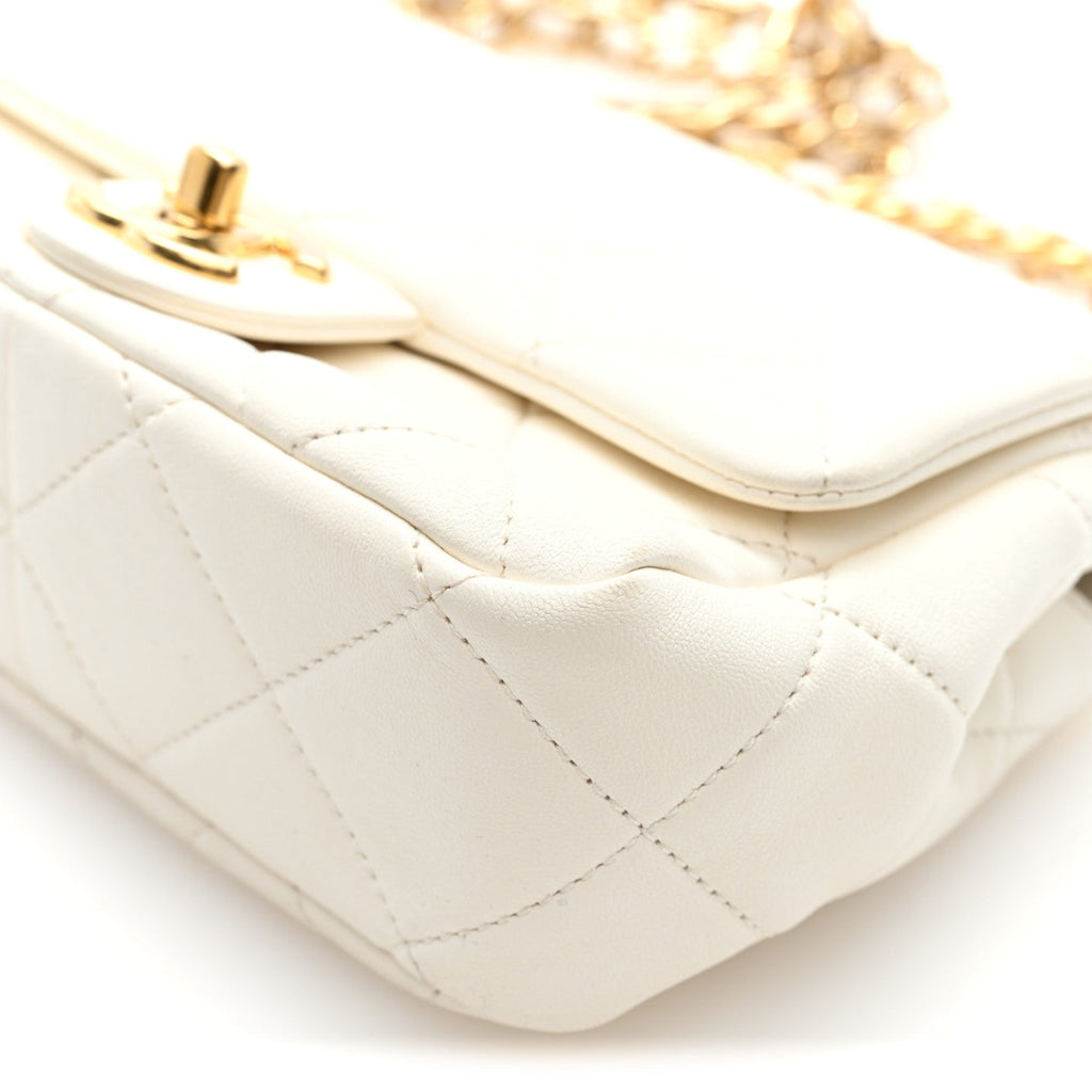 Lambskin Metal Quilted Mini Top Handle Square Flap White