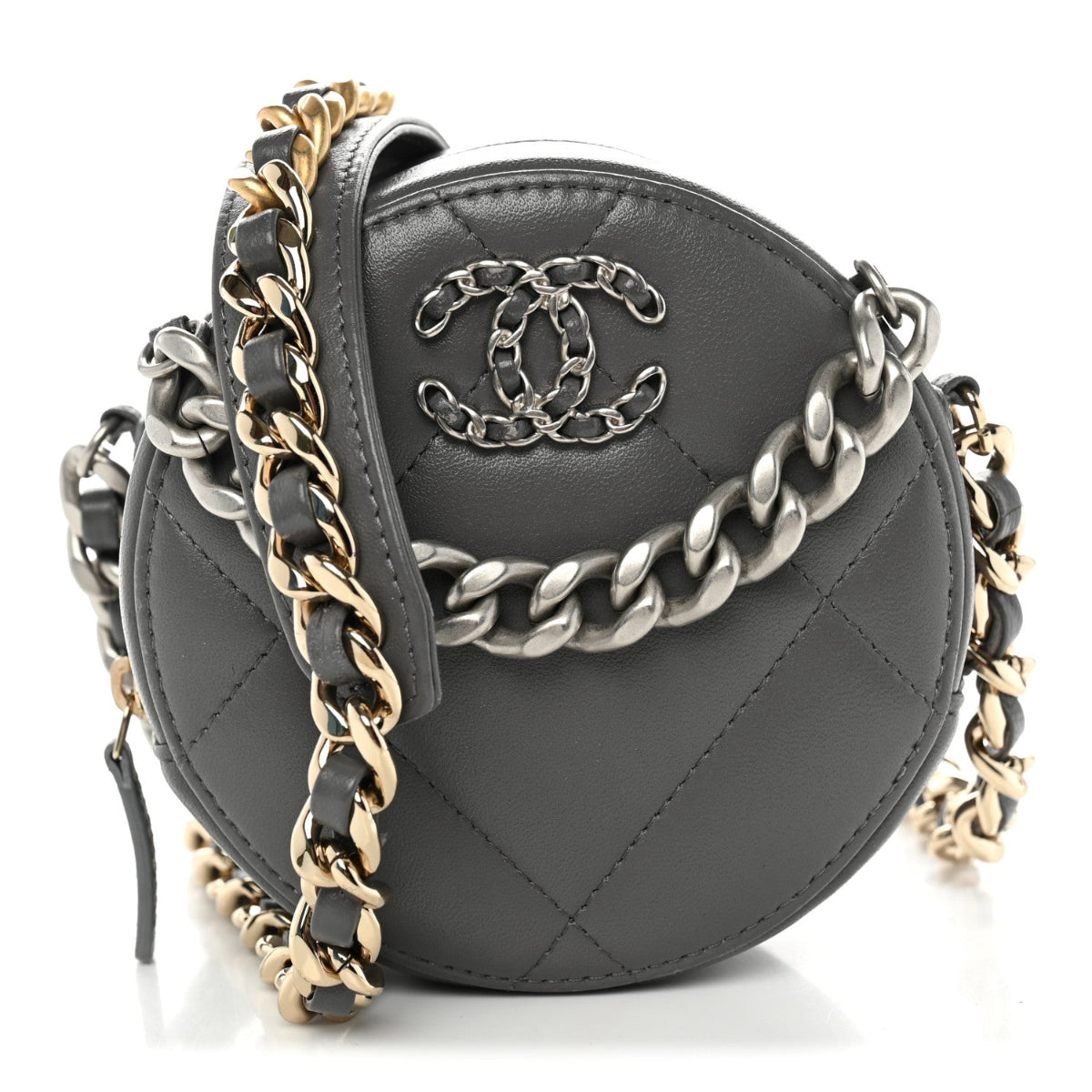 Lambskin Quilted Chanel 19 Round Clutch With Chain Grey