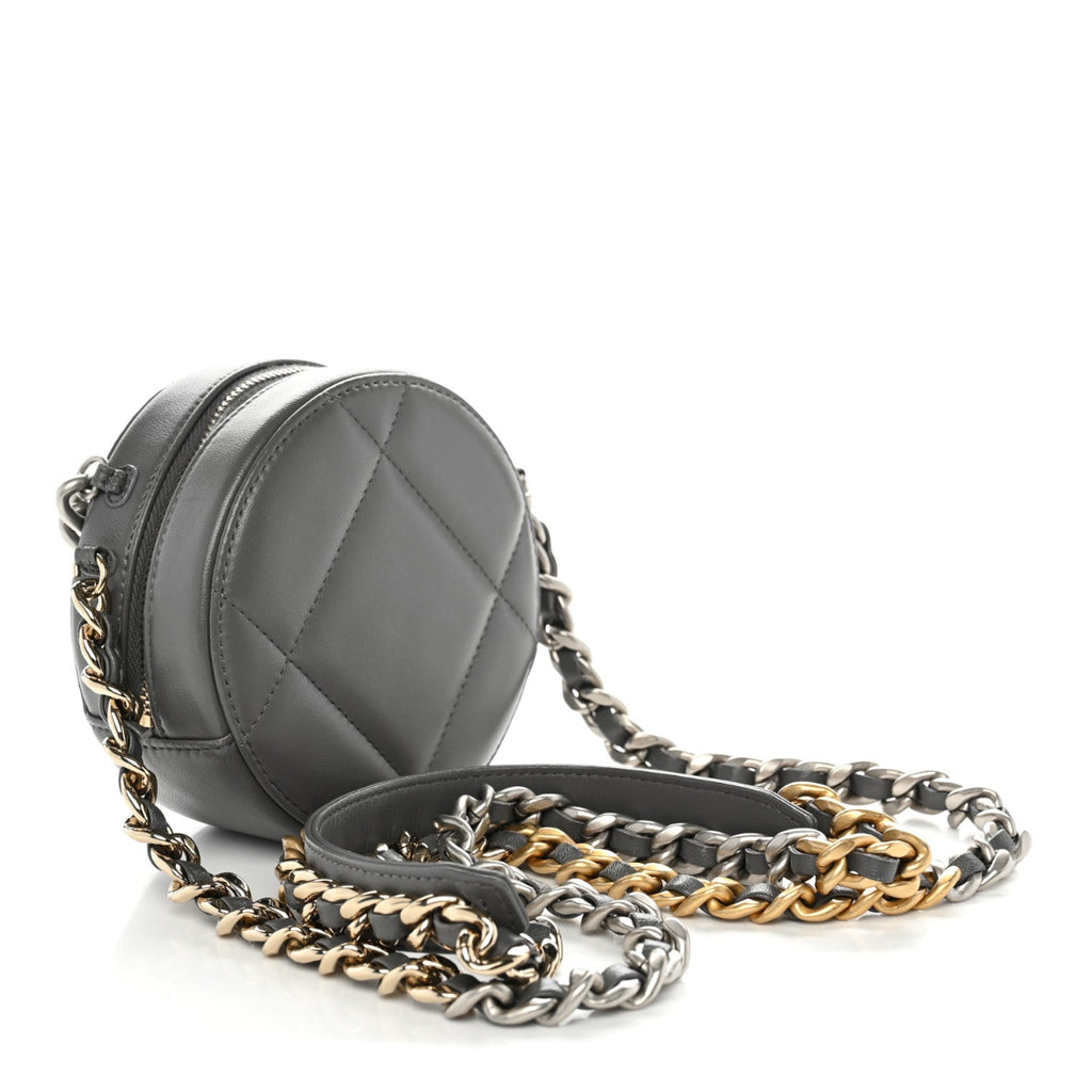 Lambskin Quilted Chanel 19 Round Clutch With Chain Grey