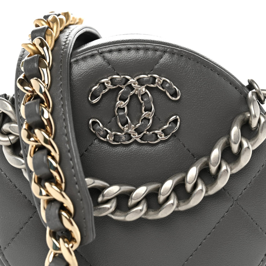 Lambskin Quilted Chanel 19 Round Clutch With Chain Grey