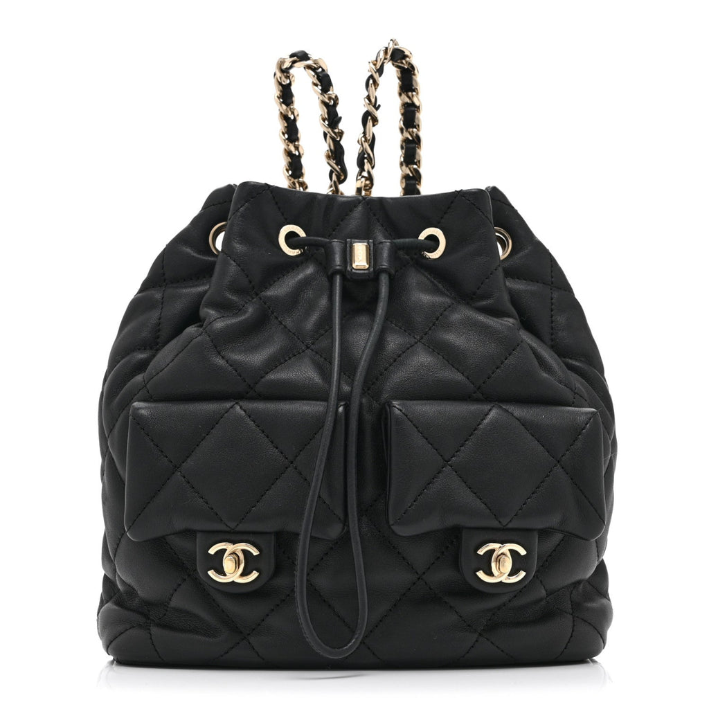 Lambskin Quilted Double Pocket Drawstring Backpack Black