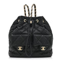 Lambskin Quilted Double Pocket Drawstring Backpack Black