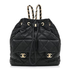 Lambskin Quilted Double Pocket Drawstring Backpack Black