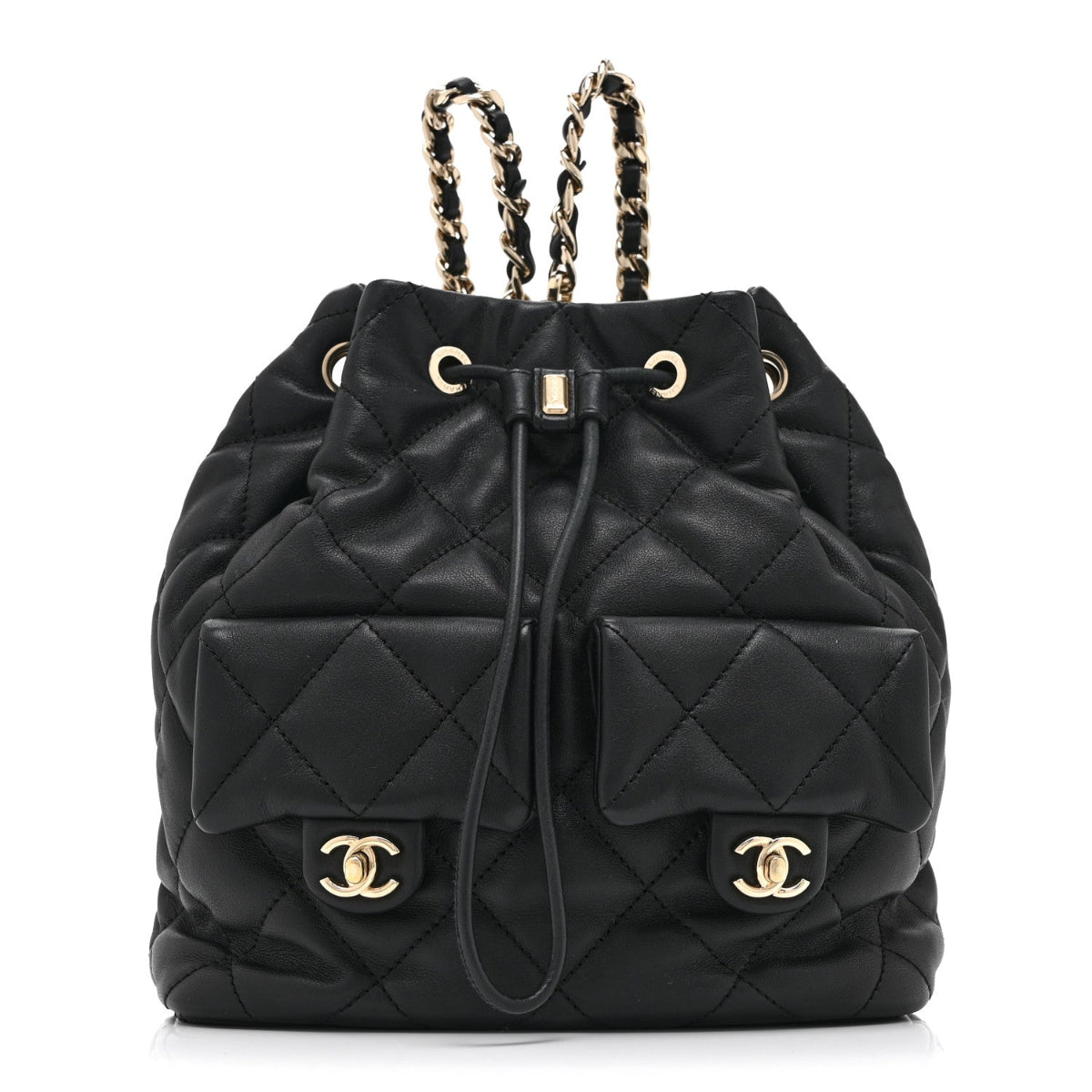 Lambskin Quilted Double Pocket Drawstring Backpack Black