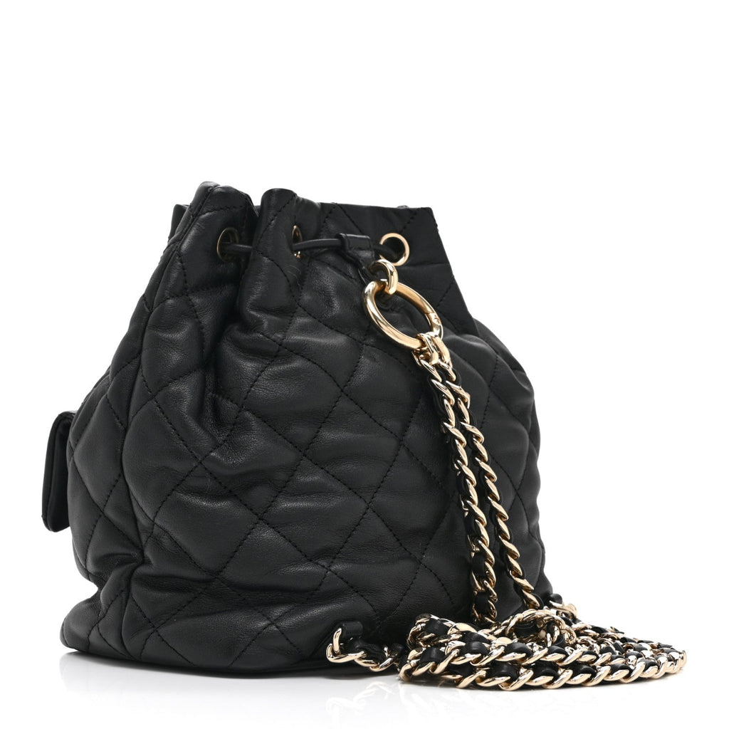 Lambskin Quilted Double Pocket Drawstring Backpack Black