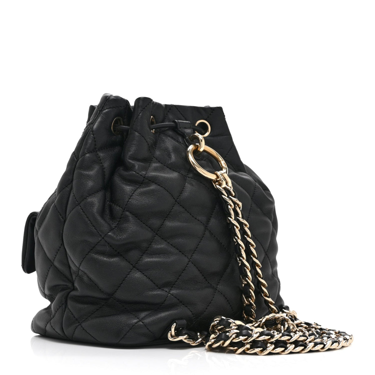 Lambskin Quilted Double Pocket Drawstring Backpack Black