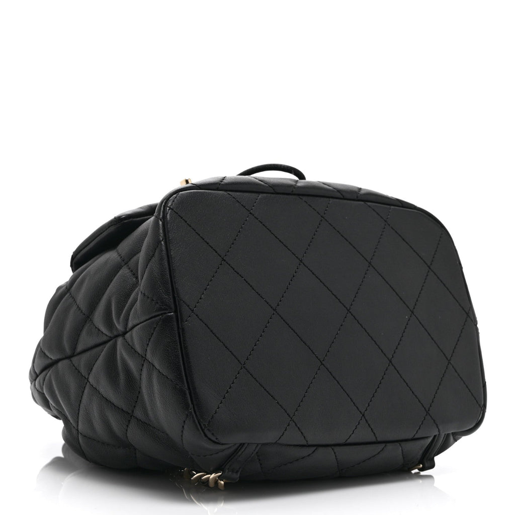Lambskin Quilted Double Pocket Drawstring Backpack Black