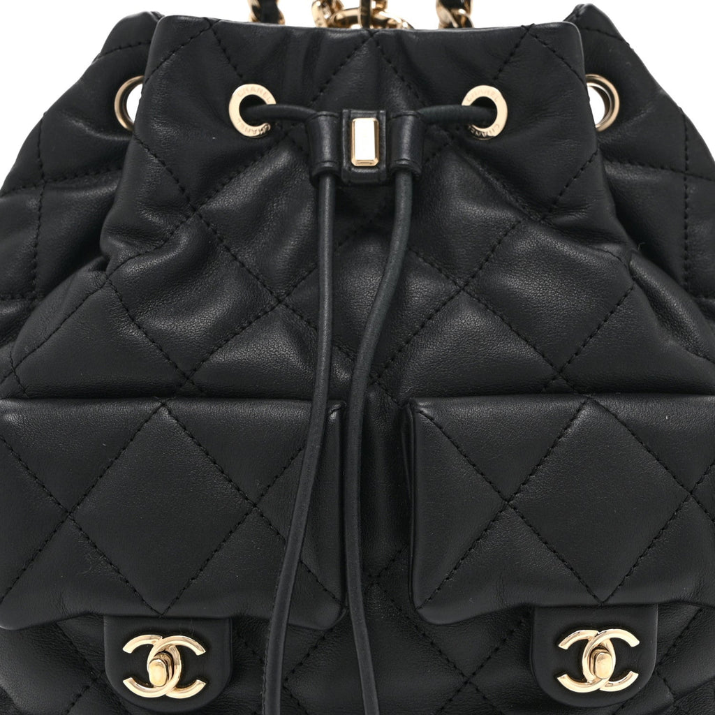 Lambskin Quilted Double Pocket Drawstring Backpack Black