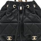 Lambskin Quilted Double Pocket Drawstring Backpack Black