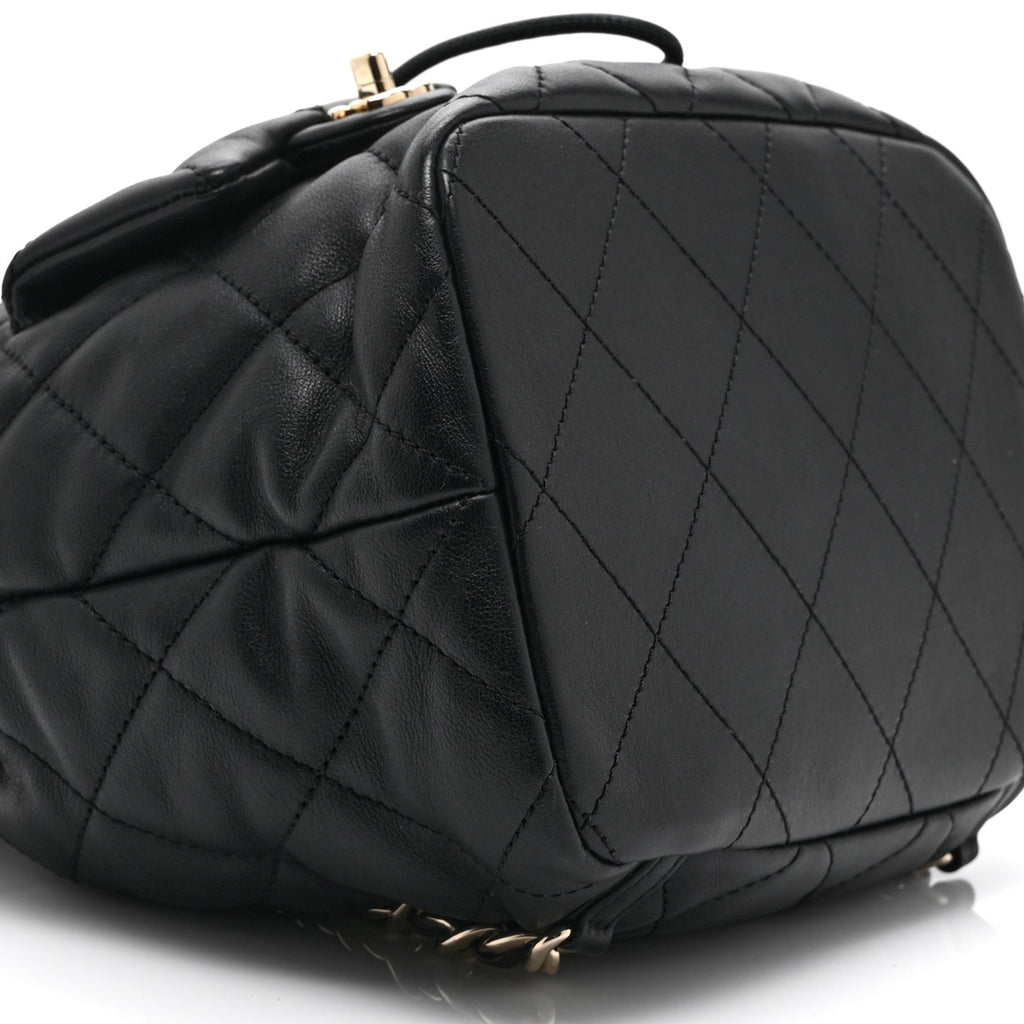 Lambskin Quilted Double Pocket Drawstring Backpack Black