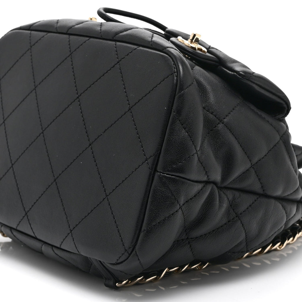 Lambskin Quilted Double Pocket Drawstring Backpack Black
