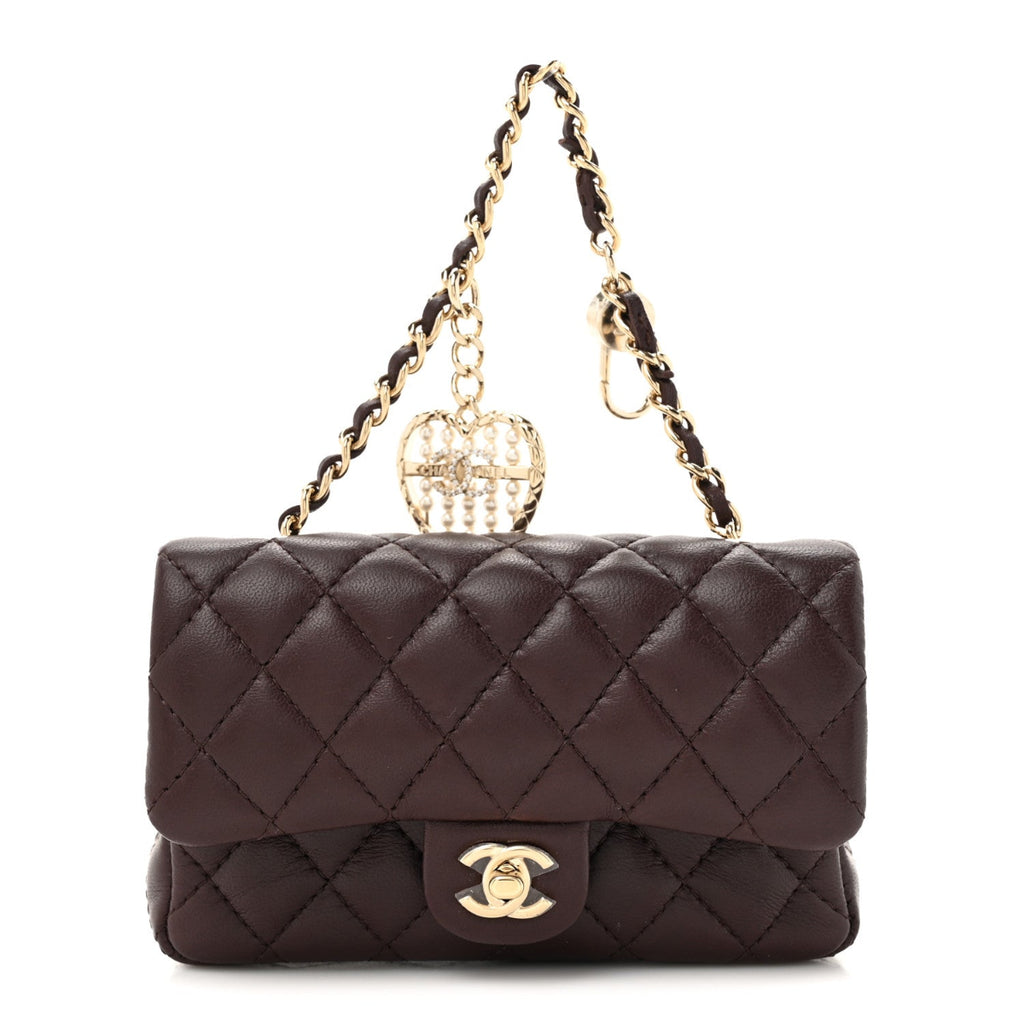 Lambskin Quilted Mini Flap Bag Charm With Hook Dark Brown