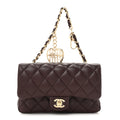 Lambskin Quilted Mini Flap Bag Charm With Hook Dark Brown