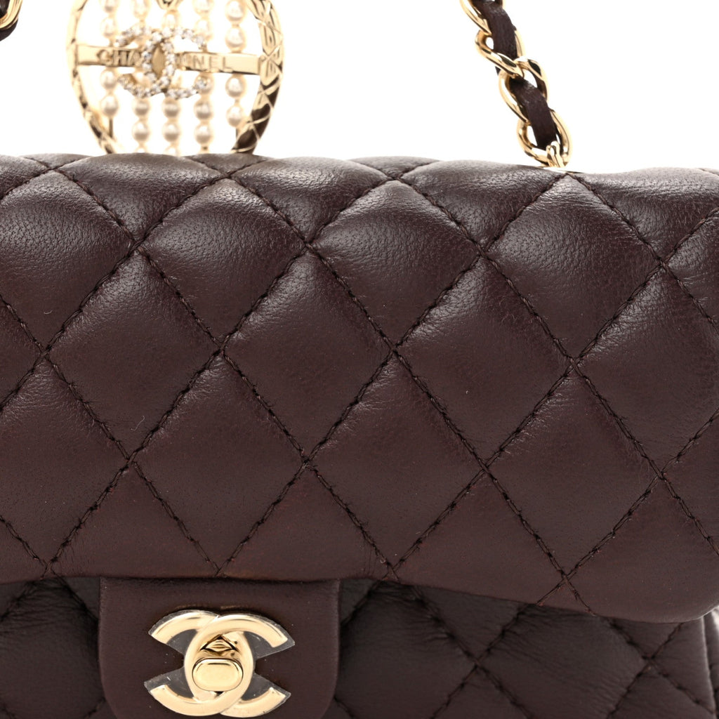 Lambskin Quilted Mini Flap Bag Charm With Hook Dark Brown