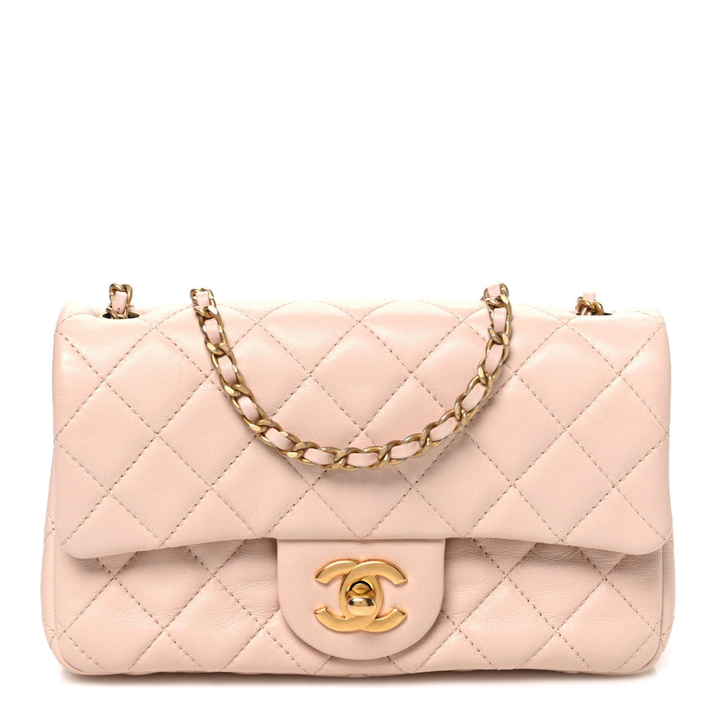 Lambskin Quilted Mini Rectangular Pearl Crush Flap Beige