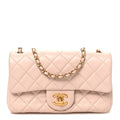Lambskin Quilted Mini Rectangular Pearl Crush Flap Beige