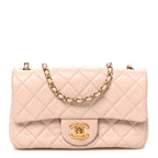 Lambskin Quilted Mini Rectangular Pearl Crush Flap Beige